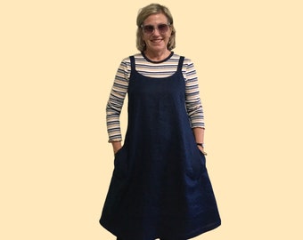 Loose Linen Pinafore Dress, Adjustable Straps, Side Pockets