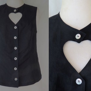 Linen Summer top with Heart Shaped Keyhole Neckline and Pearl Buttons is available in Black or White.