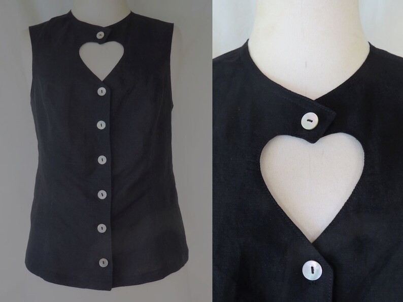 Linen Summer top with Heart Shaped Keyhole Neckline and Pearl Buttons is available in Black or White.