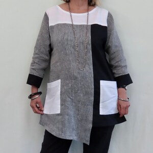 Loose Linen  top in Black, White and Graphite Linen is Geometric design with Assymetric hemline, Big Pockets and three quarter Sleeves.