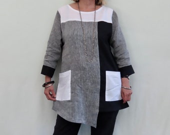 Geometrisches Leinen Top, Asymmetrischer Saum, Große Taschen, Dreiviertel Ärmel.