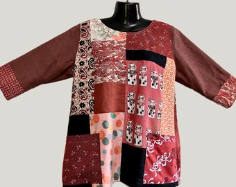 Patchwork Top in Natural Fabrics with Three Quarter Sleeves and Boat Neckline, One of a Kind.