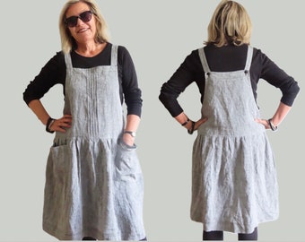 Pure Linen Pinafore Dress with Pintucks and Pockets, Relaxed fit and Square neck