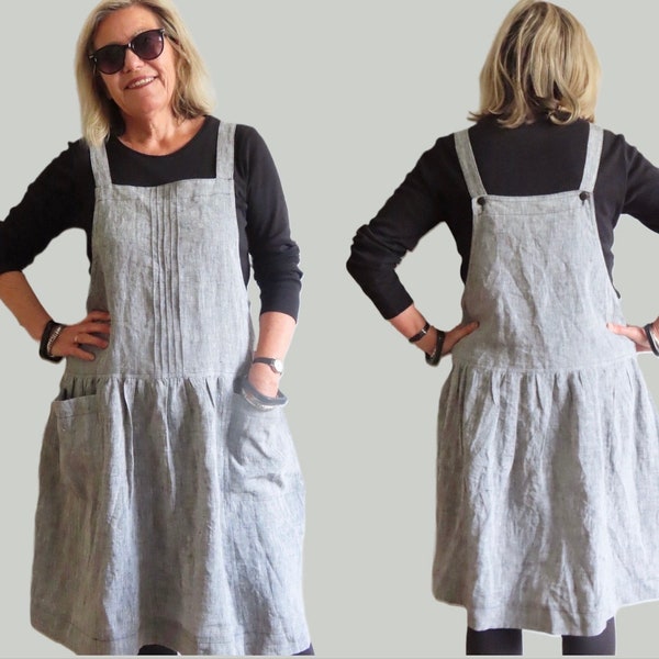 Pure Linen Pinafore Dress with Pintucks and Pockets, Relaxed fit and Square neck