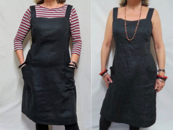 black linen pinafore dress