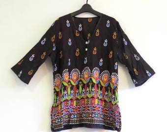 Indian Kurta style Summer top with V neck and Side splits in Black Cotton with Bright Coloured Border print