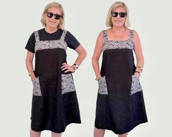 Linen Pinafore Dress with Japanese Print Pockets & Straps