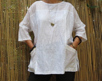 Japanese style top in White Linen & Cotton with Pockets is Loose fitting and comfortable.