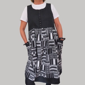 Loose  Linen Pinafore dress with Retro Graphic print Cotton skirt has big Pockets, hook and eye front closure  and a  relaxed fit.