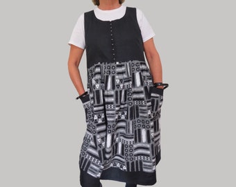 Loose  Linen Pinafore dress with Retro Graphic print Cotton skirt has big Pockets, hook and eye front closure  and a  relaxed fit.