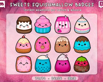Süße Squishmallow Twitch Sub Bit Cheer Badges 12x | Dessert Kuchen Twitch Streamer Abzeichen | Gebrauchsfertig | Sofortdownload | 3 Größen