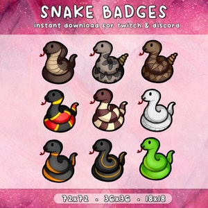 May include: Nine different snake badges in various colours and patterns. The badges are in three sizes: 72x72, 36x36, and 18x18.