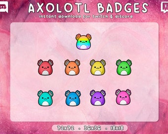 Axolotl Twitch Badges 9x | Squishmallow | Sub Bit Cheer | Regenbogen | Niedlicher Kawaii Aesthetic Gamer | Download Bereit | 3 Größen