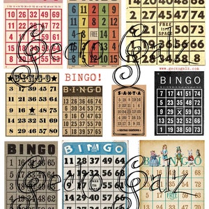 Hoja de collage digital de tarjetas de bingo