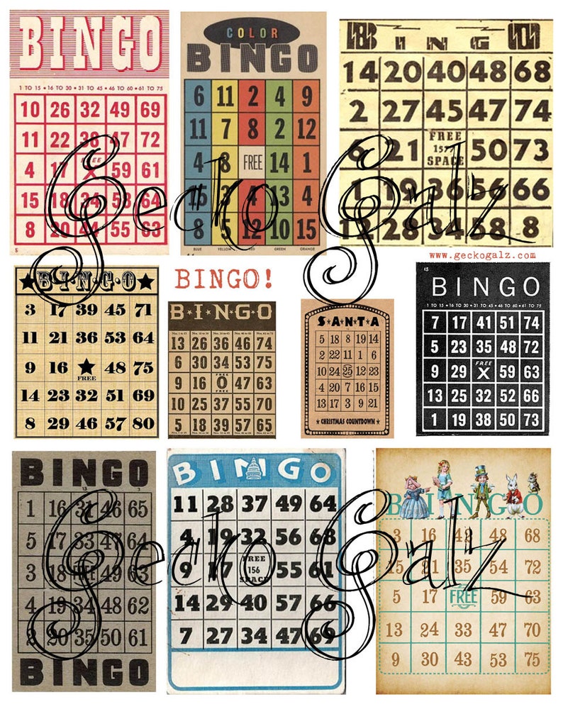 May include: A collection of vintage bingo cards with various designs and number arrangements. Some cards feature colorful backgrounds, while others have a more aged, distressed look. The word "BINGO" is prominently displayed on several cards.