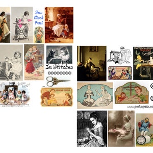 May include: A collage of vintage images featuring women sewing and using sewing machines. The images include a woman sewing on a Singer sewing machine, a woman sewing on a treadle sewing machine, and a woman sewing on a hand-cranked sewing machine. The images are in black and white and sepia tones. The text "Sew Much Fun!" and "In Stitches" is visible in the collage.