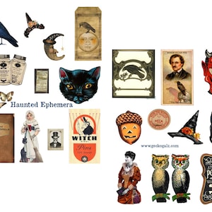 May include: A collection of vintage Halloween themed images, including a black crow, a witch's hat, a black cat, a bottle of poison, a witch's spell book, a witch's broom, a devil, a witch, and a skull and crossbones.
