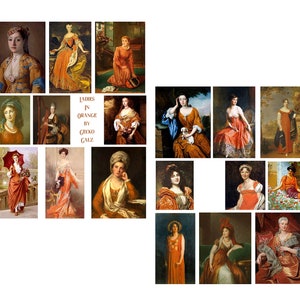 May include: A collage of 16 paintings featuring women in orange and red dresses. The title "Ladies in Orange by Gecko Galz" is displayed in the center of the collage.
