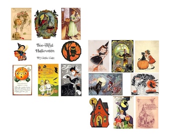 May include: A collection of vintage Halloween postcards featuring illustrations of witches, cats, owls, pumpkins, and other spooky characters. The postcards are in various colors and styles, and some include text such as "Boo-tiful Halloween" and "Halloween Greetings".
