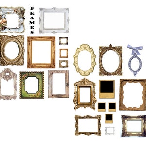 May include: A collection of ornate picture frames in various shapes and sizes. The frames are in gold, silver, white, and green, with intricate details and embellishments. Some frames are oval, rectangular, and square, with the word "FRAMES" in black capital letters.