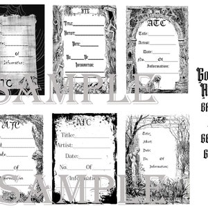 Op de afbeelding: Zes zwart-witte printbare gothic ATC-kaartruggen met een griezelig thema. De kaarten bevatten een verscheidenheid aan gothic-beelden, waaronder skeletten, spinnenwebben en bomen. De tekst "Gothic ATC Backs by Gecko Galz" is afgedrukt op de kaart rechtsonder.