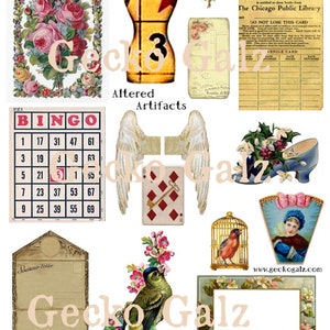 May include: A digital collage of vintage images, including a bingo card, a playing card, a bird in a cage, a woman in a hat, a pair of angel wings, a shoe, a dress form, a floral bouquet, a bird on a branch, a library card, and a blank frame. The collage is decorated with the text "Gecko Galz" and "Altered Artifacts".