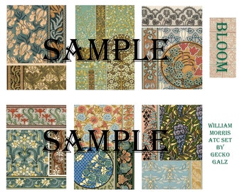 Könnte beinhalten: Ein Set mit 10 Vintage-Artkarten mit floralen Mustern in verschiedenen Farben, darunter Grün, Blau, Rot und Gelb. Die Karten sind mit "Bloom" betitelt und stammen von William Morris.