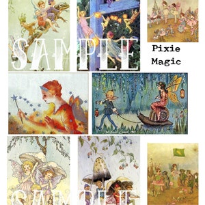 Könnte beinhalten: Eine Collage aus neun Vintage-Illustrationen mit Feen und Pixiemägischem. Die Bilder zeigen Feen, die fliegen, spielen und auf Schnecken reiten. Der Text "Pixie Magic" erscheint in der oberen rechten Ecke der Collage.