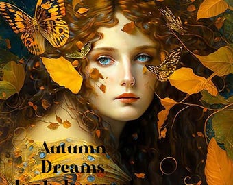 May include: A woman with long, flowing red hair is surrounded by autumn leaves and butterflies. The text "Autumn Dreams Junk Journal" is visible in the image.