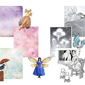 May include: A collage of whimsical illustrations featuring fairies, birds, and other fantastical creatures. The images are in various styles, including watercolor, line art, and digital art. The collage is set against a background of textured paper.
