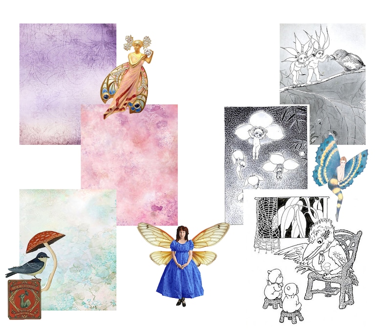 May include: A collage of whimsical illustrations featuring fairies, birds, and other fantastical creatures. The images are in various styles, including watercolor, line art, and digital art. The collage is set against a background of textured paper.