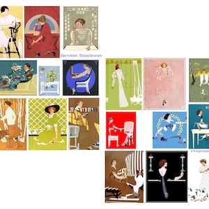 Op de afbeelding: Een collage van vintage illustraties met vrouwen in verschillende poses en omgevingen. De illustraties zijn in verschillende stijlen, waaronder Art Deco en Art Nouveau. De vrouwen zijn afgebeeld in verschillende kleding, waaronder jurken, hoeden en jassen. De illustraties zijn allemaal in zwart-wit.