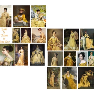 May include: A collage of 16 paintings depicting women in yellow dresses. The title of the collage is "Ladies in Yellow by Gecko Galz".