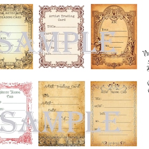 May include: Six printable vintage-style artist trading card templates with ornate borders. The templates have fields for title, artist, date, and number. The text "Victorian ATC Backs by Gecko Galz" is visible in the lower right corner.