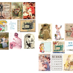 Puede incluir: Un collage vintage de imágenes relacionadas con la costura y el bordado. El collage incluye imágenes de máquinas de coser, agujas, hilo, tela y personas cosiendo. El texto "Sew It Goes" aparece en azul y blanco.