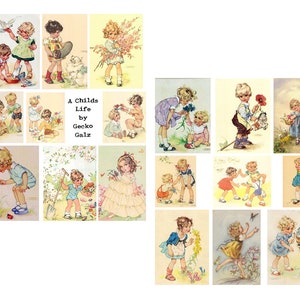 May include: A collection of 18 vintage illustrations featuring children in various scenes. The illustrations are in a whimsical style with bright colors and detailed backgrounds. The illustrations depict children playing, interacting with animals, and enjoying the outdoors. The title "A Childs Life by Gecko Galz" is featured in the center of the image.
