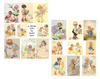 May include: A collection of 18 vintage illustrations featuring children in various scenes. The illustrations are in a whimsical style with bright colours and detailed backgrounds. The illustrations depict children playing, interacting with animals, and enjoying the outdoors. The title "A Childs Life by Gecko Galz" is featured in the centre of the image.