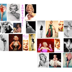 May include: A collage of images featuring Marilyn Monroe in various poses and outfits. The images are arranged in a grid pattern and include a variety of colors and styles. The text "Bombshell" and "Marilyn" are featured in the collage.