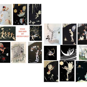 Könnte beinhalten: Eine Sammlung von 16 Vintage-Illustrationen mit Feen und anderen fantasievollen Kreaturen. Die Illustrationen sind in Schwarzweiß gehalten mit Farbakzenten. Der Titel "Pixie Dreams by Gecko Galz" ist in der Mitte des Bildes zu sehen.