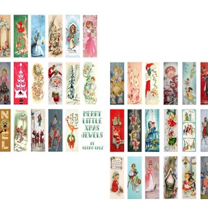 Puede incluir: Una colección de 36 imágenes de tarjetas de Navidad vintage que presentan varios temas navideños, incluyendo un árbol de Navidad, Papá Noel, renos, ángeles y niños. Las tarjetas están todas en formato vertical y tienen un diseño colorido y festivo.
