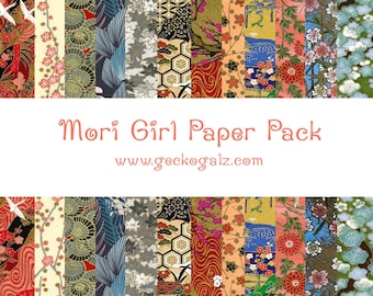 May include: A digital paper pack with 24 different patterned papers featuring Japanese-inspired designs. The papers include floral patterns, geometric patterns, and traditional Japanese motifs. The text "Mori Girl Paper Pack" and "www.geckogalz.com" is displayed on a white banner.