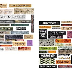 Op de afbeelding: Een verzameling van 30 digitale, afdrukbare Halloween-etiketten met verschillende griezelige en eigenzinnige ontwerpen. De etiketten bevatten tekst zoals "Witches Brew", "Spooky", "Vampire Dreams", "Fright Night", "Wicked Girl" en "Happy Haunting".