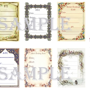 May include: Six printable ATC (Artist Trading Card) templates with ornate borders. The templates are in various colors and styles, including a scroll design, a floral design, and a design with a bird and a moon. The text "Old World ATC Backs by Gecko Galz" is visible in the bottom right corner.