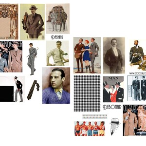 Op de afbeelding: Een collage van afbeeldingen met mannen in verschillende kledingstijlen uit de jaren 1920. De afbeeldingen tonen mannen in pakken, hoeden en stropdassen. Sommige afbeeldingen zijn in zwart-wit, terwijl andere in kleur zijn. De afbeeldingen zijn in een rasterpatroon gerangschikt.