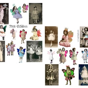 Könnte beinhalten: Eine Collage aus Vintage-Fotos, die Kinder zeigen, die als Feen verkleidet sind. Die Kinder tragen farbenfrohe Kostüme mit Flügeln und halten Zauberstäbe. Die Bilder sind vor einem weißen Hintergrund angeordnet. Der Text "Pixie Children" steht in der Mitte der Collage.