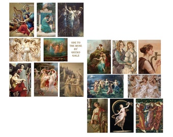 May include: A collage of 16 paintings depicting women playing musical instruments, dancing, and posing in various settings. The paintings are in a classical style and feature muted colors.