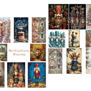 May include: A collection of colorful illustrations featuring themes from the Nutcracker ballet. The images include nutcracker soldiers, ballerinas, and scenes with Christmas trees and winter landscapes. The artwork has a vintage, storybook aesthetic.