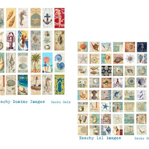 May include: A collection of 72 colorful square tiles featuring beach-themed illustrations. The tiles include images of seashells, starfish, seahorses, lighthouses, palm trees, and more. The tiles are arranged in a grid pattern and are labeled "Beachy Domino Images" and "Beachy lxl Images".