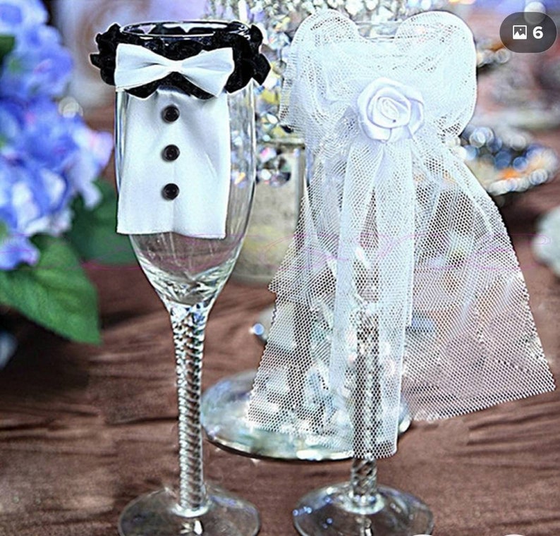 Champagne glass mr/&Mrs dress and tuxedo set.