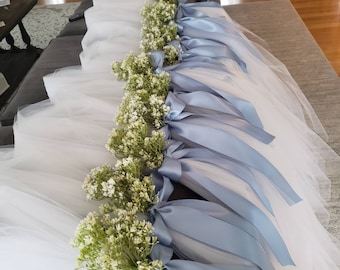 Single blue pew hangers. Price is for 1. Tulle, blue satin ribbon and faux babies breath included.